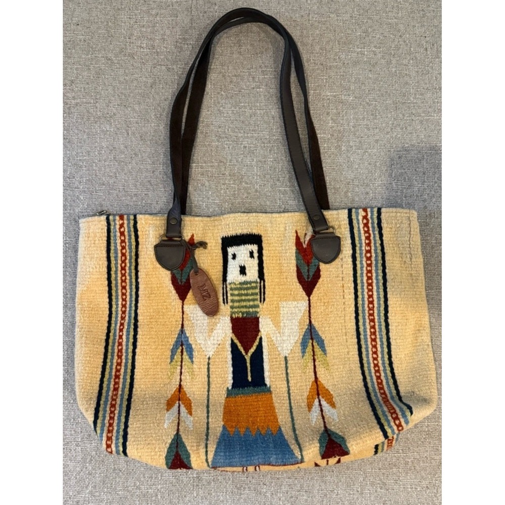 Manos Zapotecas Wool Tote Bag Southwestern Handwoven Leather Strap Boho